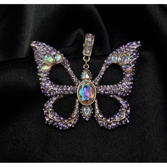 Heidi Daus Butterfly Crystal Pendant Gold-Tone Purple & Aurora Borealis Rhinesto - Picture 2 of 5